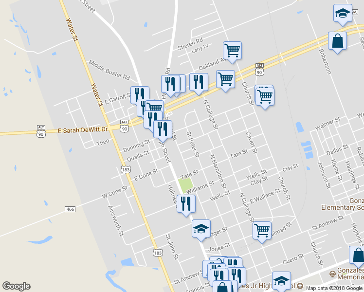 map of restaurants, bars, coffee shops, grocery stores, and more near 1520 Saint Paul Street in Gonzales