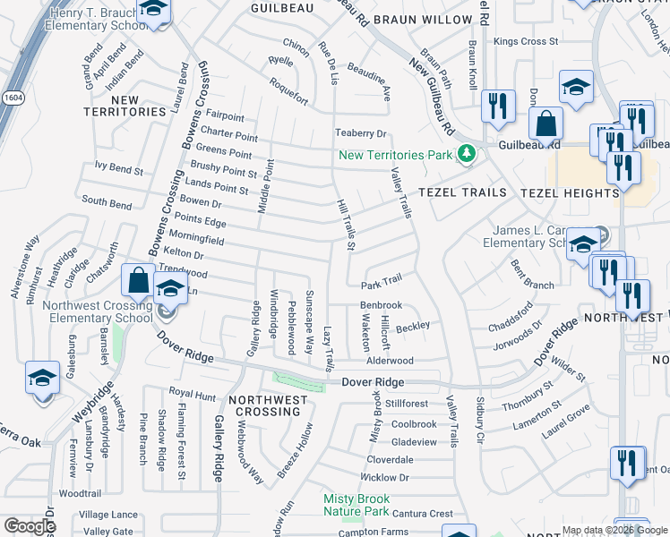 map of restaurants, bars, coffee shops, grocery stores, and more near 7438 Lazy Trail in San Antonio