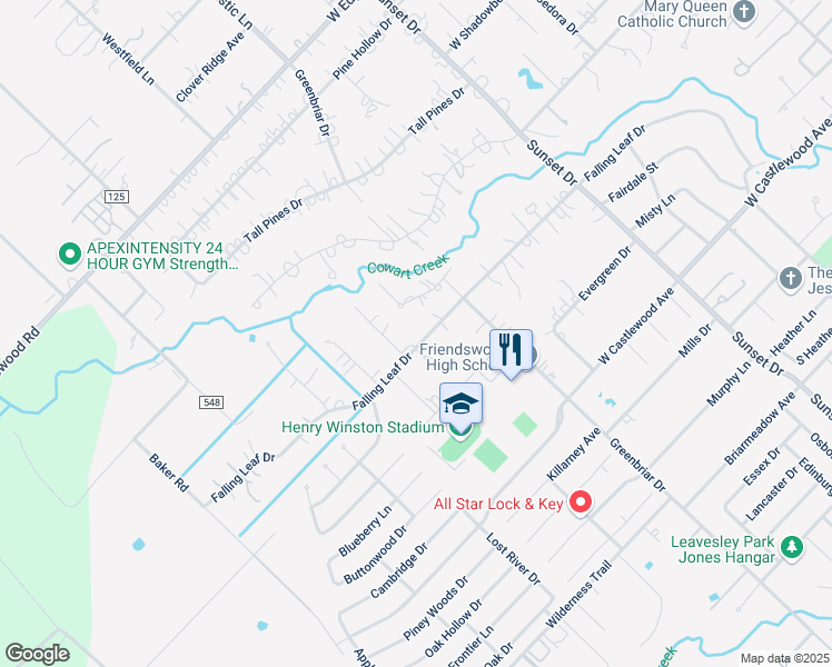 map of restaurants, bars, coffee shops, grocery stores, and more near 1008 Falling Leaf Drive in Friendswood