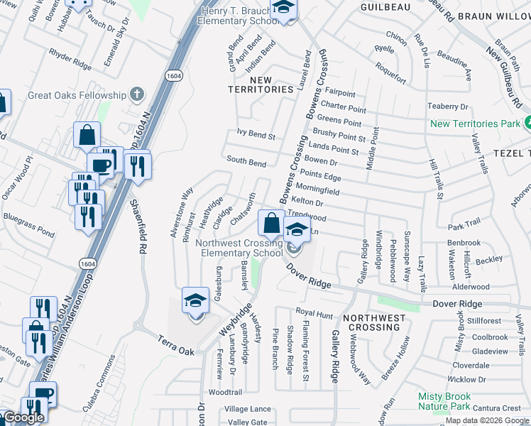 map of restaurants, bars, coffee shops, grocery stores, and more near 7650 Branston in San Antonio