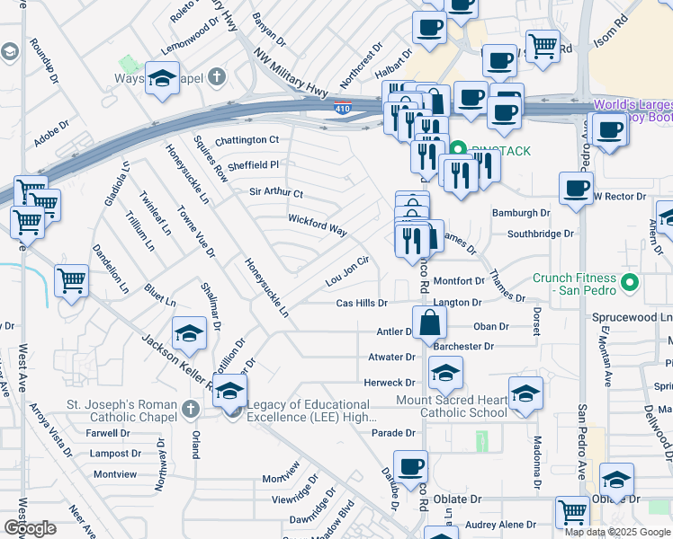 map of restaurants, bars, coffee shops, grocery stores, and more near 133 Lou Jon Circle in San Antonio