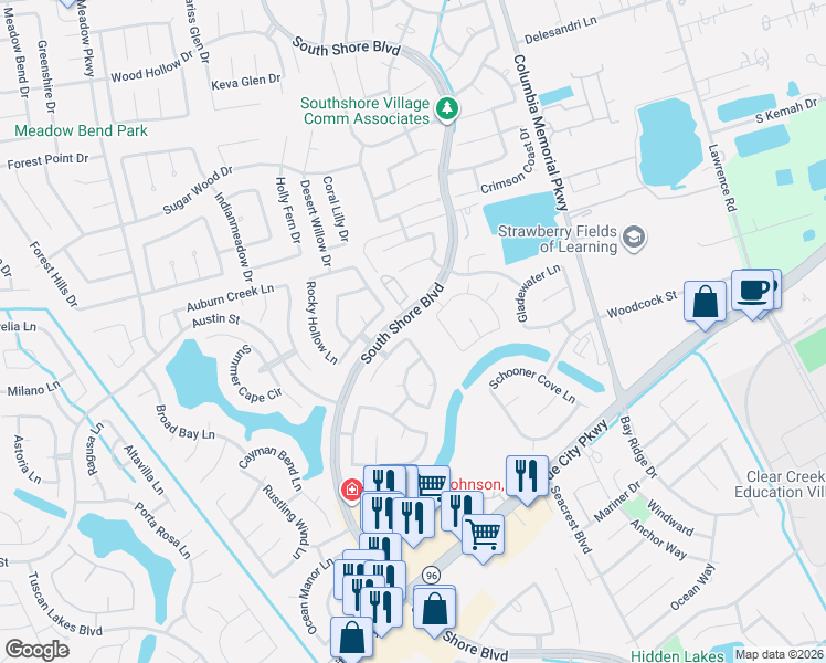 map of restaurants, bars, coffee shops, grocery stores, and more near 852 Shoal Pointe Lane in League City