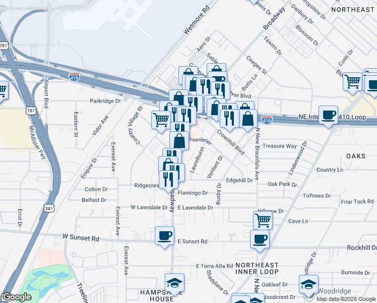 map of restaurants, bars, coffee shops, grocery stores, and more near 8535 Greenbrier in San Antonio