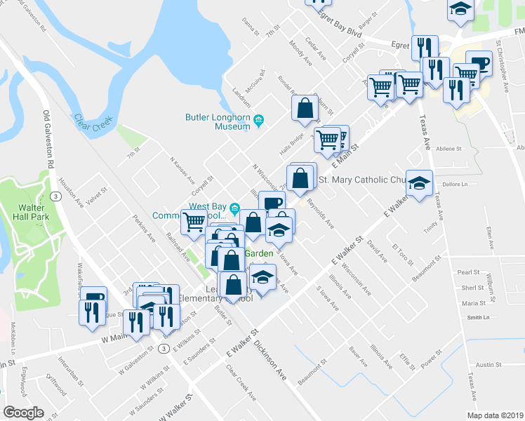 map of restaurants, bars, coffee shops, grocery stores, and more near 121 Illinois Avenue in League City