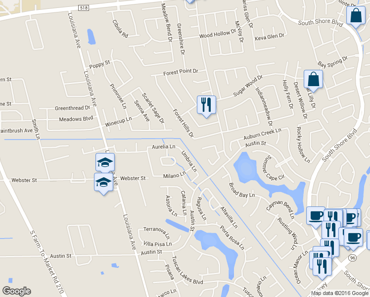 map of restaurants, bars, coffee shops, grocery stores, and more near 2801 Forest Hills Drive in League City