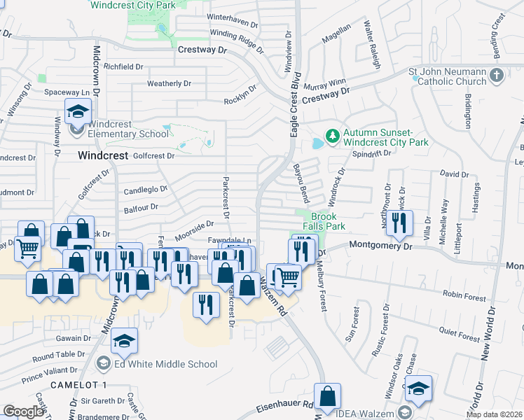 map of restaurants, bars, coffee shops, grocery stores, and more near 5902 Brook Falls in San Antonio