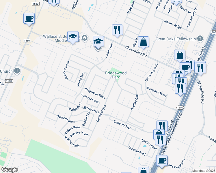 map of restaurants, bars, coffee shops, grocery stores, and more near 7902 Winterstone Drive in San Antonio