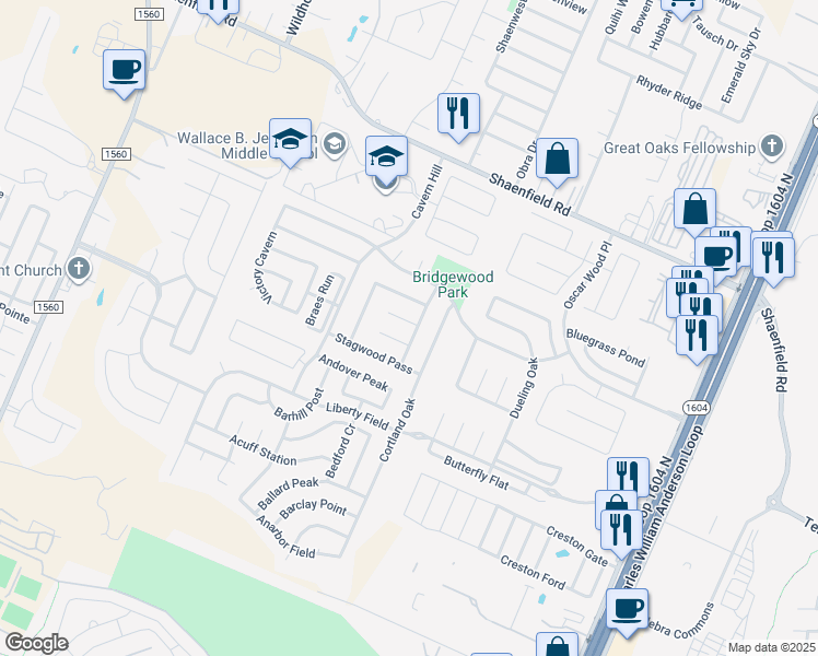 map of restaurants, bars, coffee shops, grocery stores, and more near 7902 Winterstone Drive in San Antonio