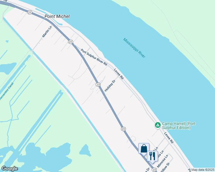 map of restaurants, bars, coffee shops, grocery stores, and more near 136 Holiday Drive in Port Sulphur