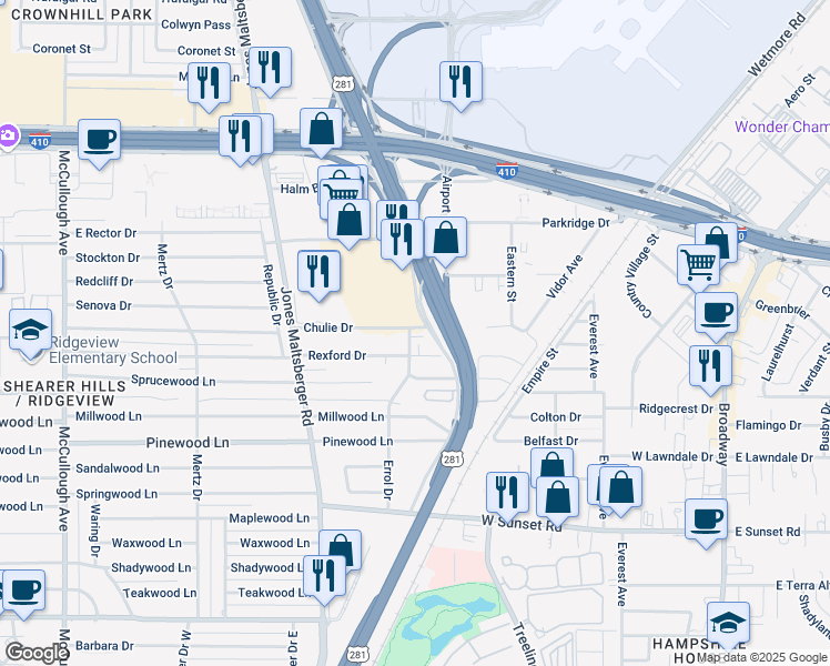 map of restaurants, bars, coffee shops, grocery stores, and more near 1006 Chulie Drive in San Antonio