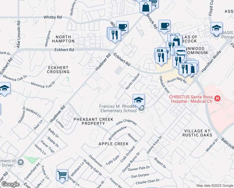 map of restaurants, bars, coffee shops, grocery stores, and more near 8003 North Hollow in San Antonio