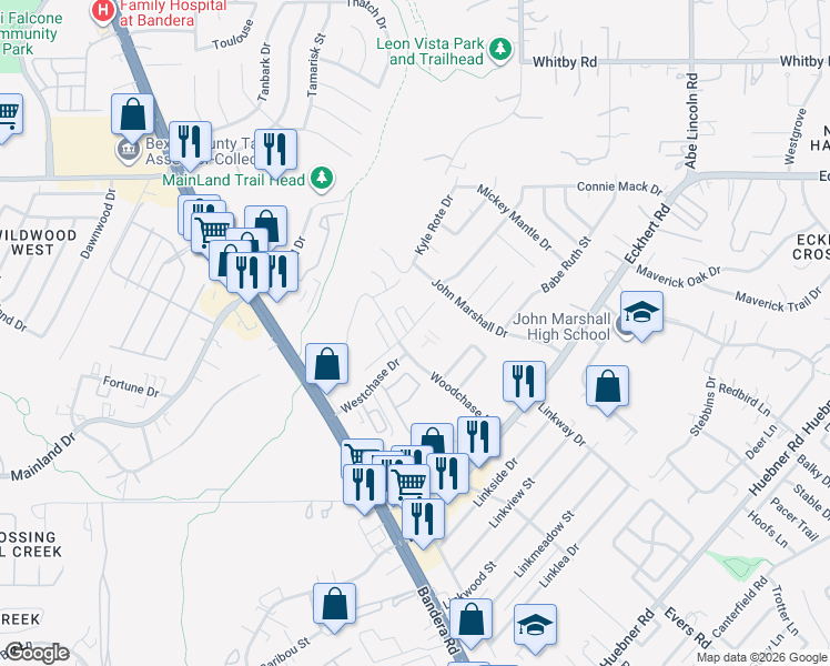 map of restaurants, bars, coffee shops, grocery stores, and more near 90 Coastal Lane in San Antonio