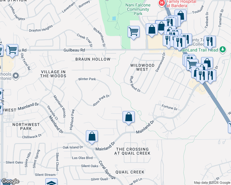 map of restaurants, bars, coffee shops, grocery stores, and more near 9902 Alms Park Drive in San Antonio