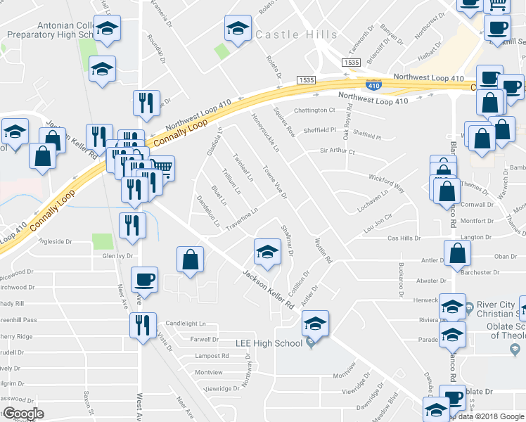 map of restaurants, bars, coffee shops, grocery stores, and more near 404 Travertine Lane in San Antonio