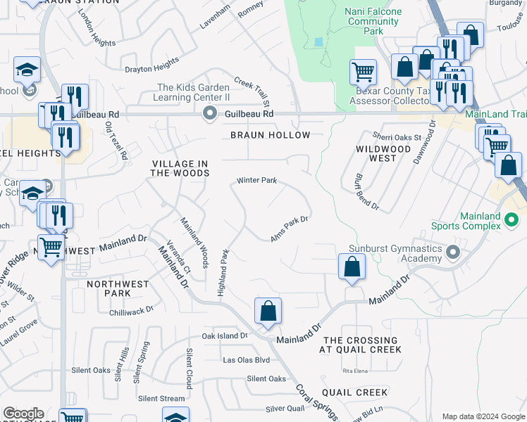 map of restaurants, bars, coffee shops, grocery stores, and more near 9927 Cominsky Park in San Antonio