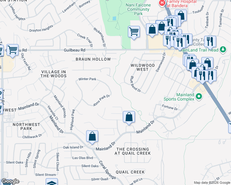 map of restaurants, bars, coffee shops, grocery stores, and more near 9902 Alms Park Drive in San Antonio