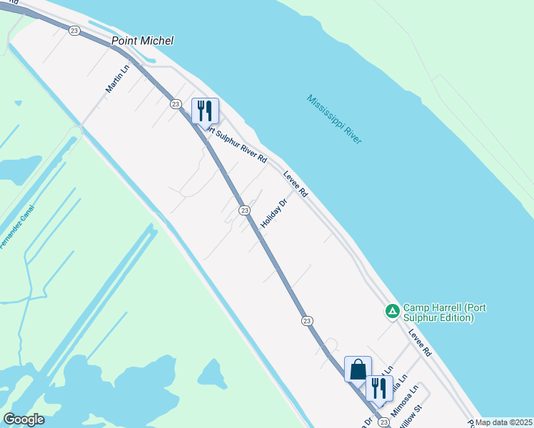 map of restaurants, bars, coffee shops, grocery stores, and more near 136 Holiday Drive in Port Sulphur