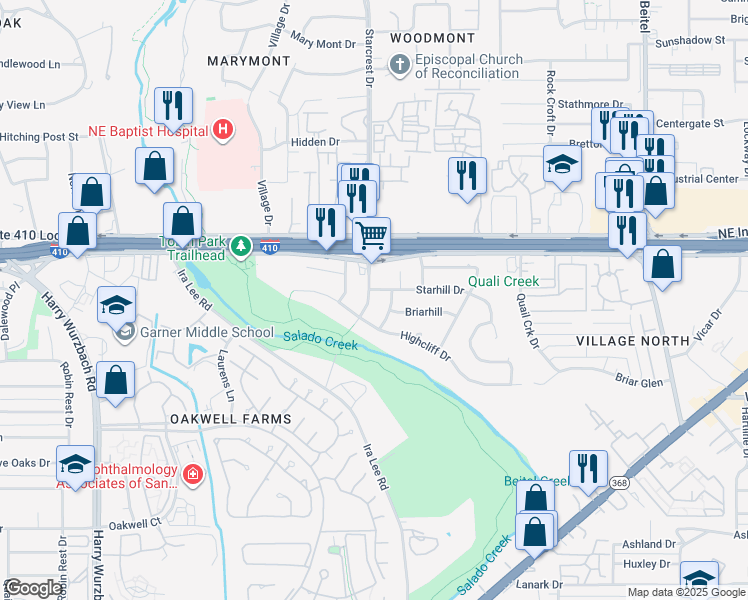 map of restaurants, bars, coffee shops, grocery stores, and more near 8326 Starcrest Drive in San Antonio