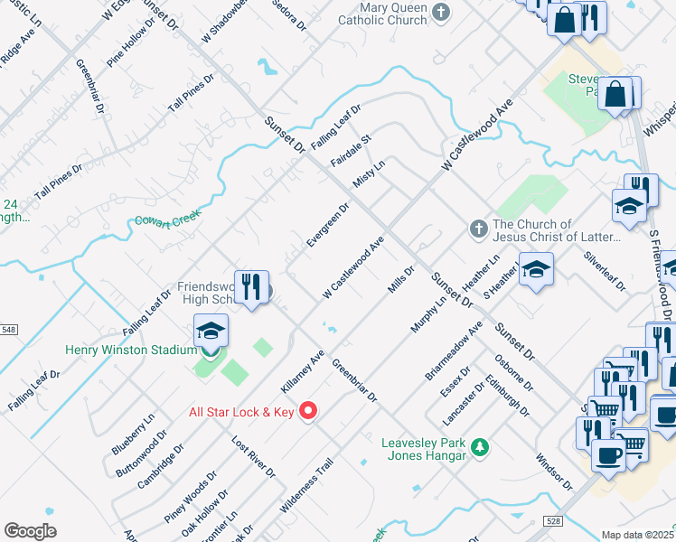 map of restaurants, bars, coffee shops, grocery stores, and more near 808 West Castlewood Avenue in Friendswood