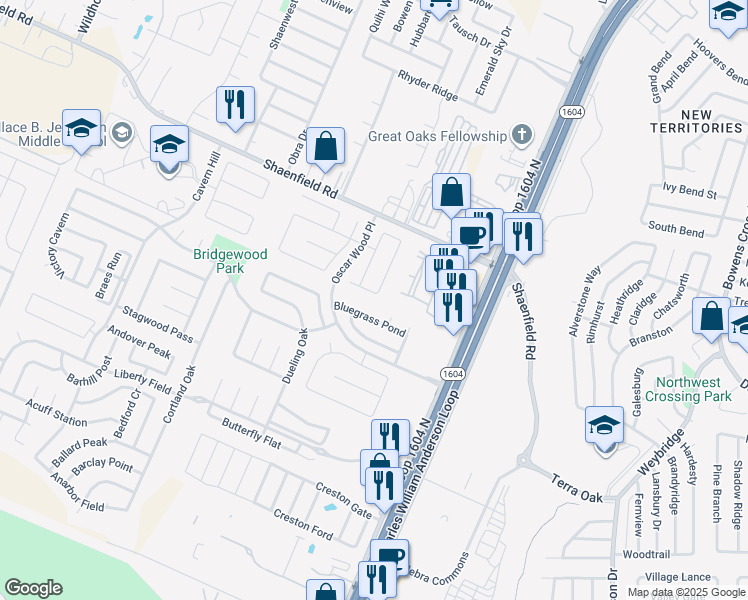 map of restaurants, bars, coffee shops, grocery stores, and more near 10506 Irongate Oak in San Antonio