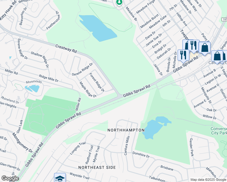 map of restaurants, bars, coffee shops, grocery stores, and more near 8301 Forest Ridge Drive in San Antonio