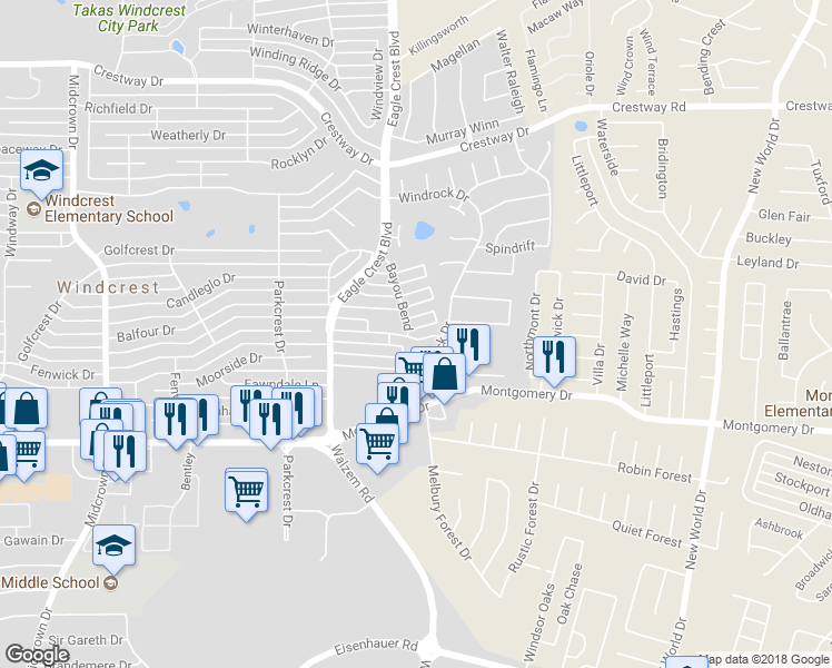 map of restaurants, bars, coffee shops, grocery stores, and more near 6103 Brook Falls in Windcrest