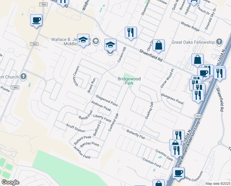 map of restaurants, bars, coffee shops, grocery stores, and more near 7902 Winterstone Drive in San Antonio