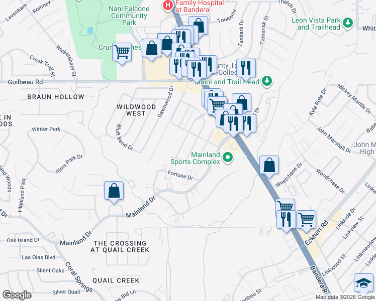 map of restaurants, bars, coffee shops, grocery stores, and more near 7919 Cerezo in San Antonio
