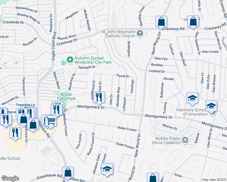 map of restaurants, bars, coffee shops, grocery stores, and more near 8402 Villa Drive in San Antonio