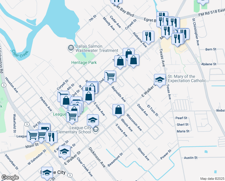 map of restaurants, bars, coffee shops, grocery stores, and more near 103 Reynolds Avenue in League City