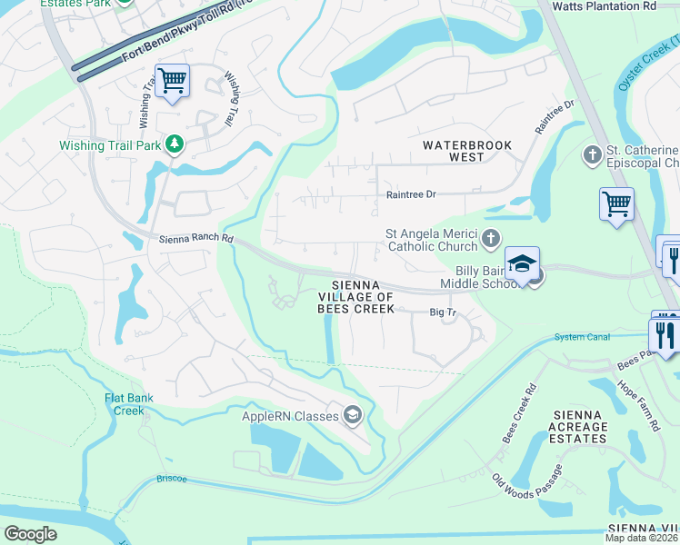 map of restaurants, bars, coffee shops, grocery stores, and more near Sienna Ranch Road in Missouri City