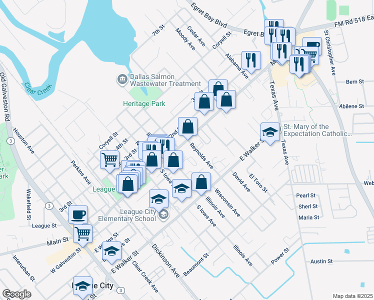 map of restaurants, bars, coffee shops, grocery stores, and more near 103 Reynolds Avenue in League City