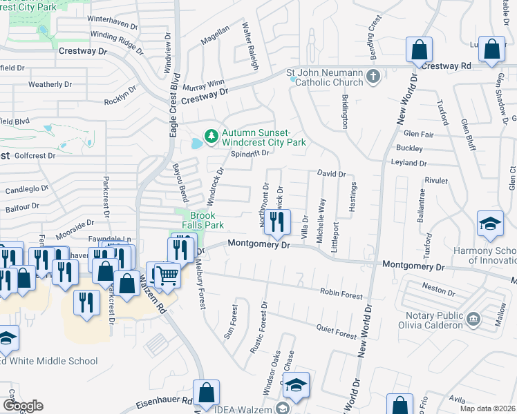 map of restaurants, bars, coffee shops, grocery stores, and more near 8455 Northmont Drive in San Antonio