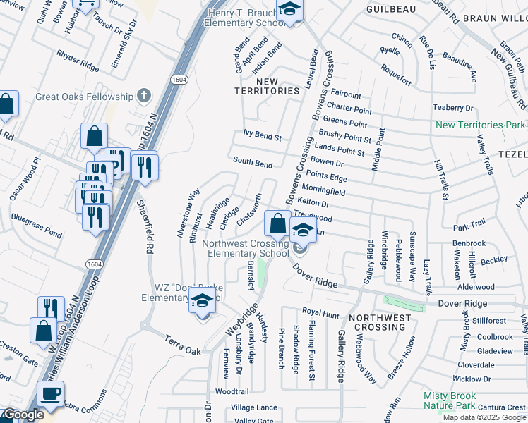 map of restaurants, bars, coffee shops, grocery stores, and more near 7639 Branston in San Antonio