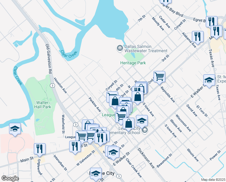 map of restaurants, bars, coffee shops, grocery stores, and more near 702 4th Street in League City