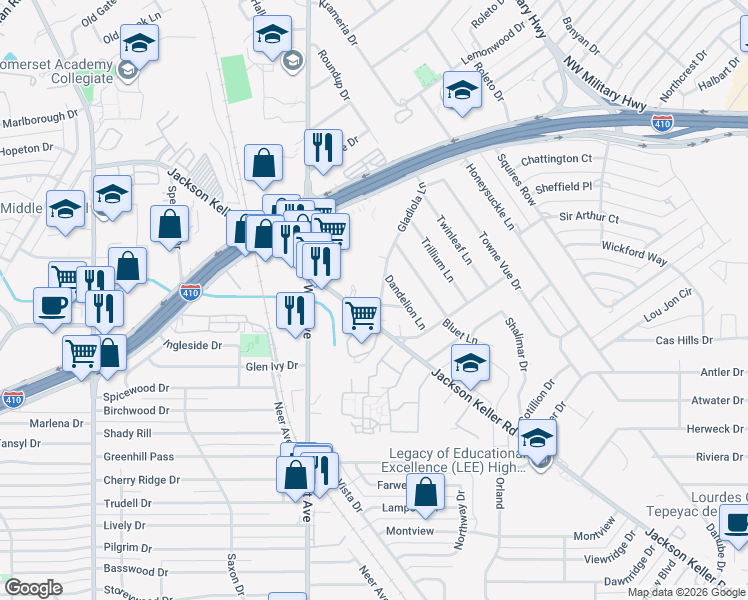 map of restaurants, bars, coffee shops, grocery stores, and more near 201 Gladiola Lane in San Antonio