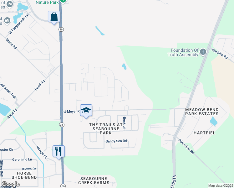 map of restaurants, bars, coffee shops, grocery stores, and more near 4719 Seabourne Landing Drive in Rosenberg