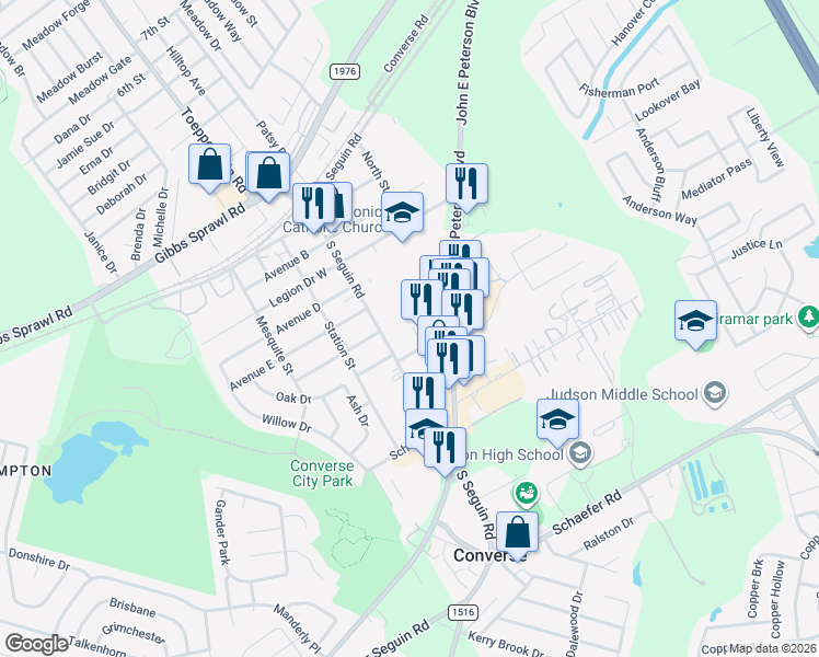 map of restaurants, bars, coffee shops, grocery stores, and more near 301 Converse Center Street in Converse