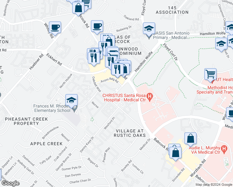 map of restaurants, bars, coffee shops, grocery stores, and more near 5356 Hamilton Wolfe Road in San Antonio