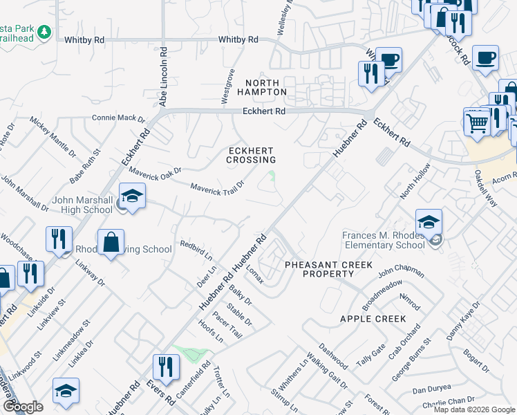 map of restaurants, bars, coffee shops, grocery stores, and more near 6242 Cypress Circle in San Antonio