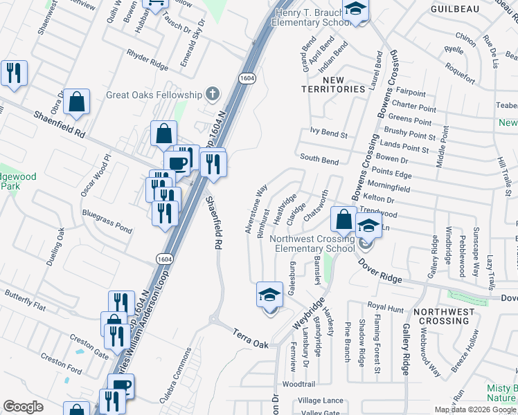 map of restaurants, bars, coffee shops, grocery stores, and more near 7622 Alverstone Way in San Antonio