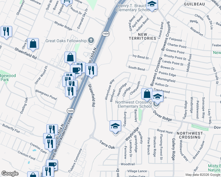 map of restaurants, bars, coffee shops, grocery stores, and more near 7622 Alverstone Way in San Antonio