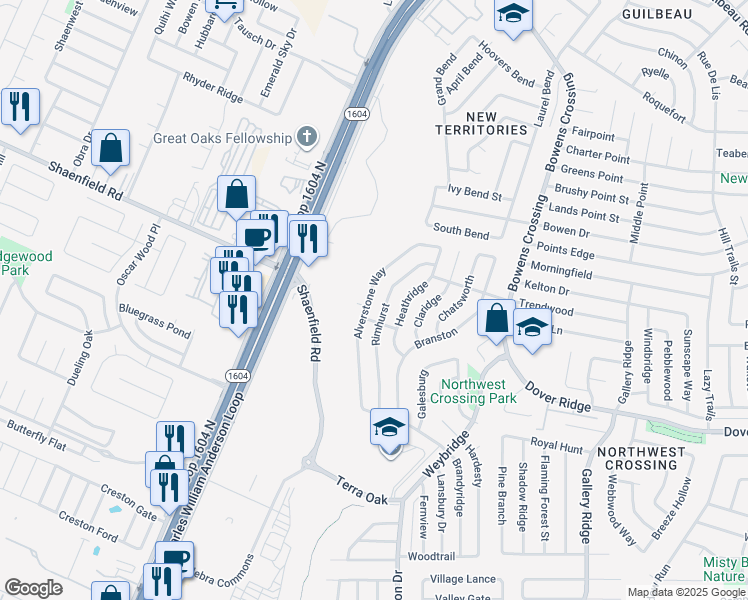 map of restaurants, bars, coffee shops, grocery stores, and more near 7622 Alverstone Way in San Antonio