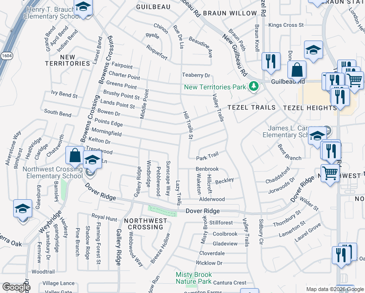 map of restaurants, bars, coffee shops, grocery stores, and more near 7438 Lazy Trails in San Antonio