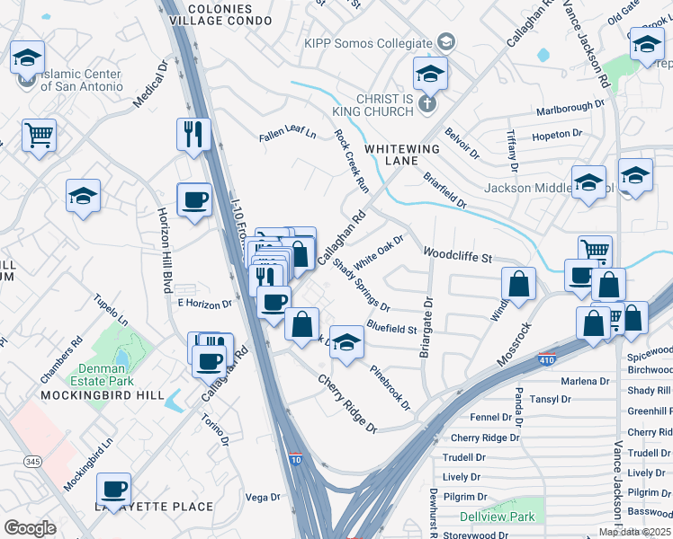 map of restaurants, bars, coffee shops, grocery stores, and more near 3410 Shady Springs Dr in San Antonio