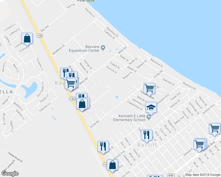 map of restaurants, bars, coffee shops, grocery stores, and more near 911 Reppert Street in Bacliff
