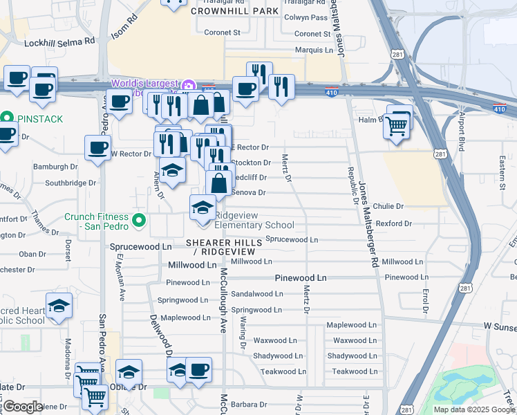 map of restaurants, bars, coffee shops, grocery stores, and more near 330 East Rampart Drive in San Antonio