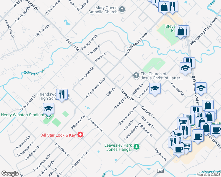 map of restaurants, bars, coffee shops, grocery stores, and more near 910 Rigel Drive in Friendswood