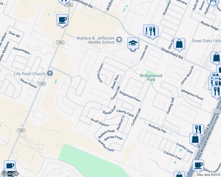 map of restaurants, bars, coffee shops, grocery stores, and more near 8003 Braes Run in San Antonio