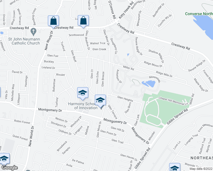 map of restaurants, bars, coffee shops, grocery stores, and more near 8403 Glen Mont Drive in San Antonio